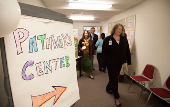 Director of Career and Employment Services Edie Blakley takes a tour of the Pathways Learning Center.