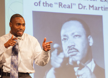 Darryl Brice appreciates this photo of Dr. King because it looks as if Dr. King is pointing to the viewers and asking them what they are going to do to promote justice.