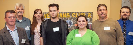 Members of the Clark College Veterans Club and Associated Students welcomed student veterans to the new Veterans Resource Center in March 2014. Also pictured are Vet Corps Navigators (and VCAS advisors) Tim McPharlin, far left, and Josh Vance, far right.