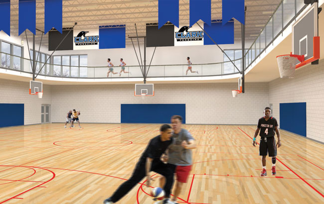 An architectural rendering of the proposed expansion of the O’Connell Sports Center would include a new court and running track.