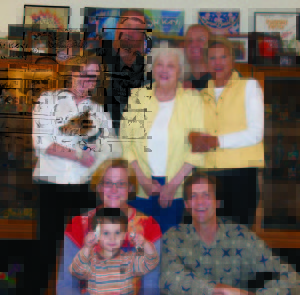 Pat Fencl (center) with her children. Back row, from left: Doug Lumbard, Steve Lumbard. Middle row, left: Paula Lumbard, Pat Fencl, Lola Lumbard Leen. Front row, left: Jeanne Lumbard Federovitch holding her son Nico, and Dirk Lumbard. 