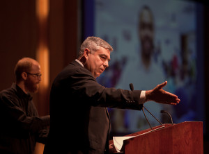President Knight gestures to the audience during his annual State of the College address in January.