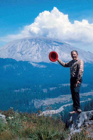 Steve Carlson ’67 in front of the Mount St. Helens dome in June 1980, less than a month after the volcano erupted sending plumes of ash in the air. Photo by Steve Carlson.
