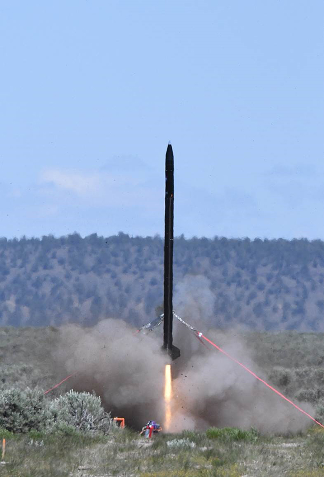 The lift-off from the pad at Brothers, Ore. Heat is distorting the light, which makes the rocket appear wavy in the photo. The May 28, 2016, test was “a perfect flight, absolutely perfect," according to the Aerospace students present.