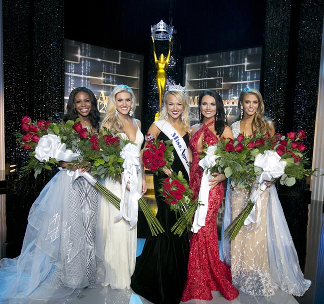 Top 5 at the 2017 Miss America Competition, left to right, second runner-up Miss New York Camille Sims, fourth runner-up Miss Mississippi Laura Lee Lewis, Miss America 2017 Savvy Shields, third runner-up Miss Washington Alicia Cooper, first runner-up Miss South Carolina Rachel Wyatt. Photo by Bruce Boyajian, Miss America Organization