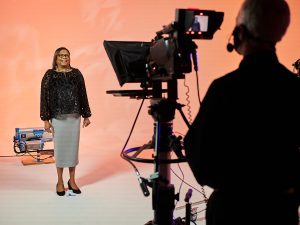 Dr. Karin Edwards on the TV studio for Savoring Excellence 2020.