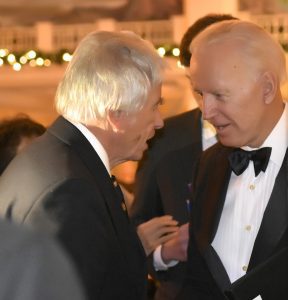 Don Bonker chats with Joe Biden at The Tom Lantos Foundation event in 2018 where Biden received a human rights award.