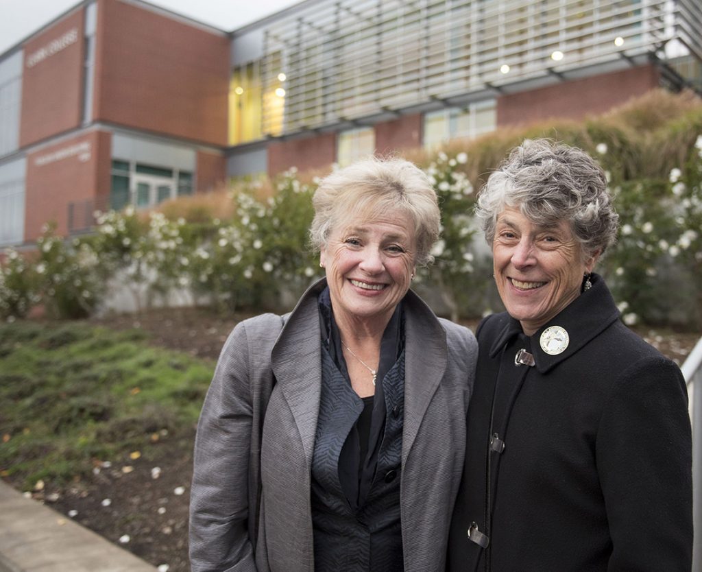 Jane Jacobsen (left) and Edri Geiger outside the Penguin Union building on Clark’s Vancouver campus
