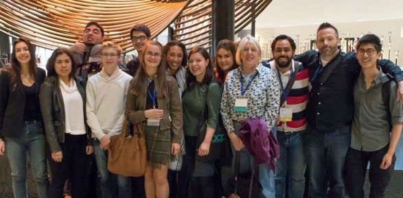 Former Clark faculty member, Dee Ann Finken, fourth from the right, with student staff of The Indy student newspaper at a Associated College Press workshop in San Francisco in 2017.
