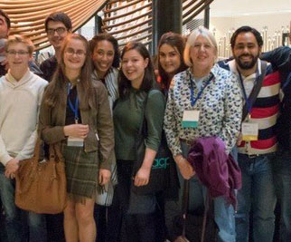 Then Clark faculty member, Dee Ann Finken, fourth from the right, with student staff of The Indy student newspaper at a Associated College Press workshop in San Francisco in 2017.
