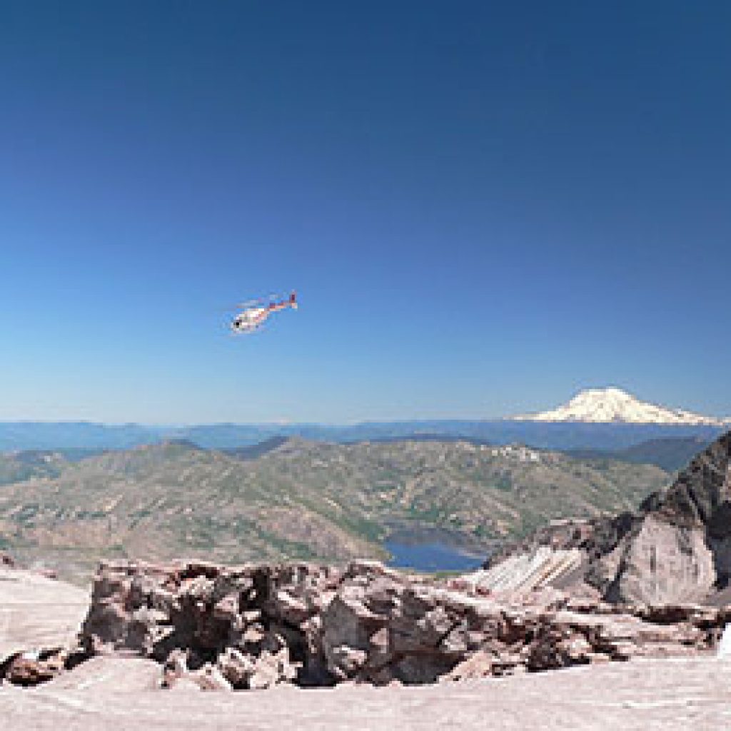 The crater on Mt. St. Helens, with a view of Spirit Lake and Mt. Rainier in the the distance.