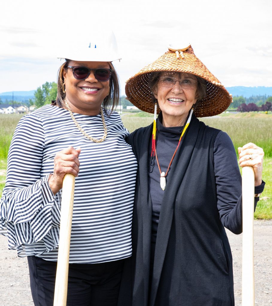 Clark President Karin Edwards is joined by Cowlitz Indian Tribe spiritual leader Tanna Engdal